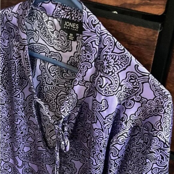 Jones New York Woman TOP Black Print on Purple Size 2X 100% Polyester - Picture 7 of 7